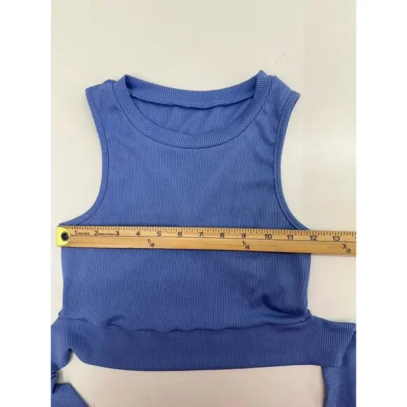 Shein Womens Tank Top Size Small Blue Ribbed Cropped Back Tie - Picture 9 of 13